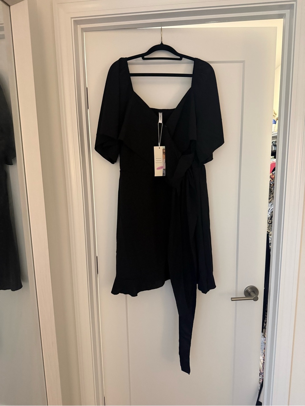 Black Wrap-Style Short Dress with Ruffle Detail